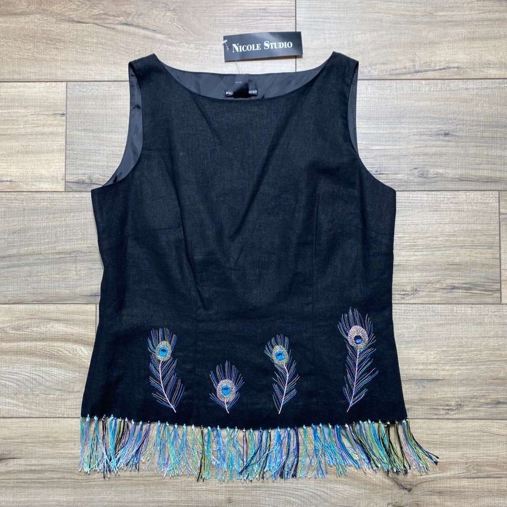 Nicole Studio Womens Linen Blend Peacock Feather‎ Embroidered Tank Size 12 Black